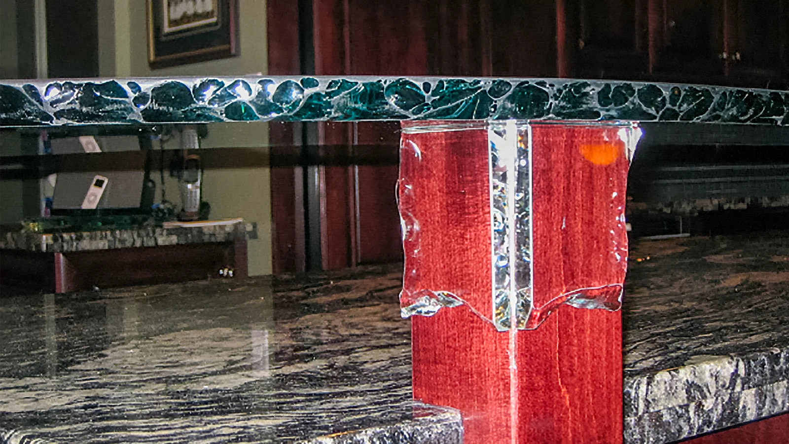 Custom coloured glass bar top and backsplash